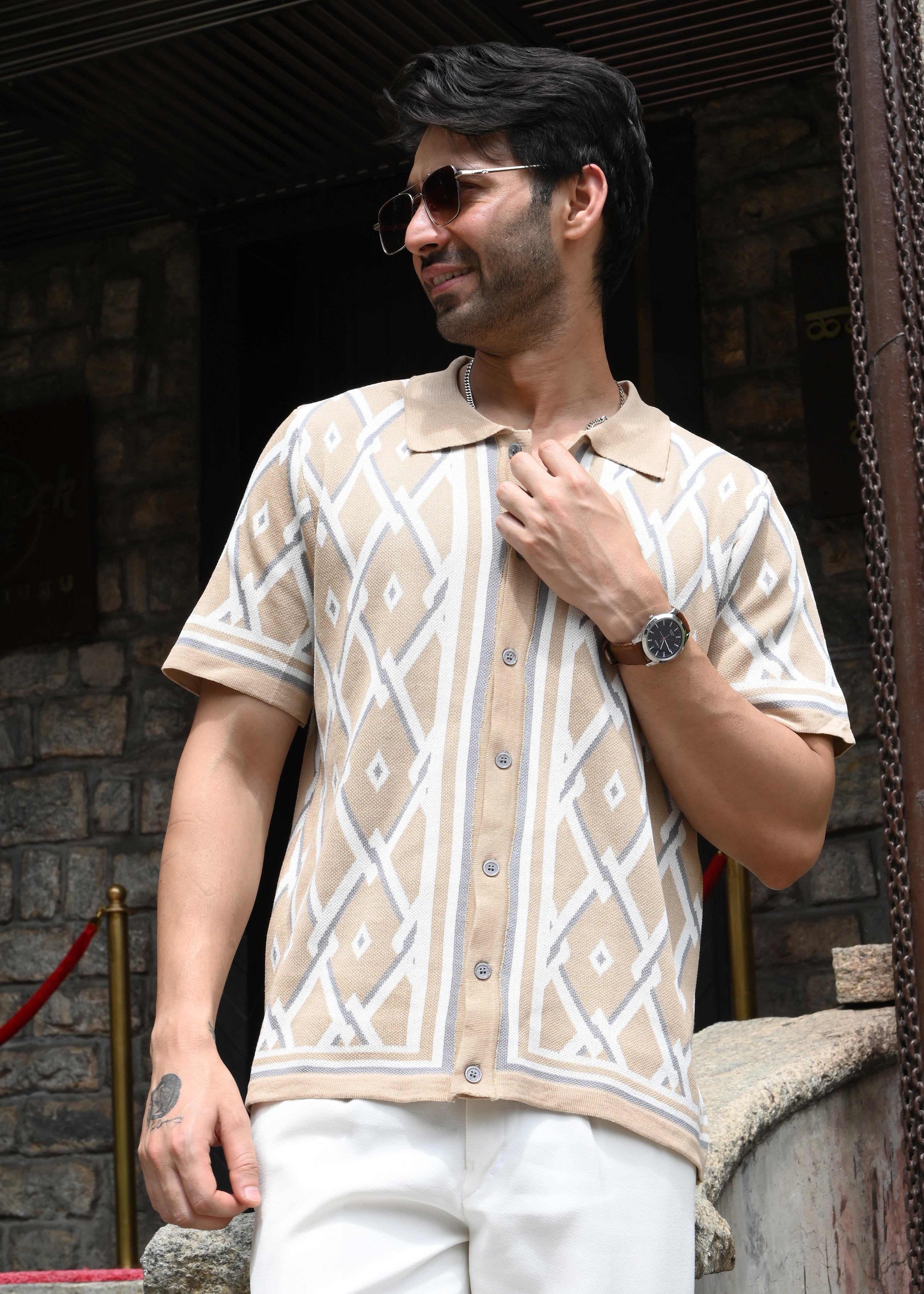 Geometric Knit Button-Down Shirt - Sandal - Snipes
