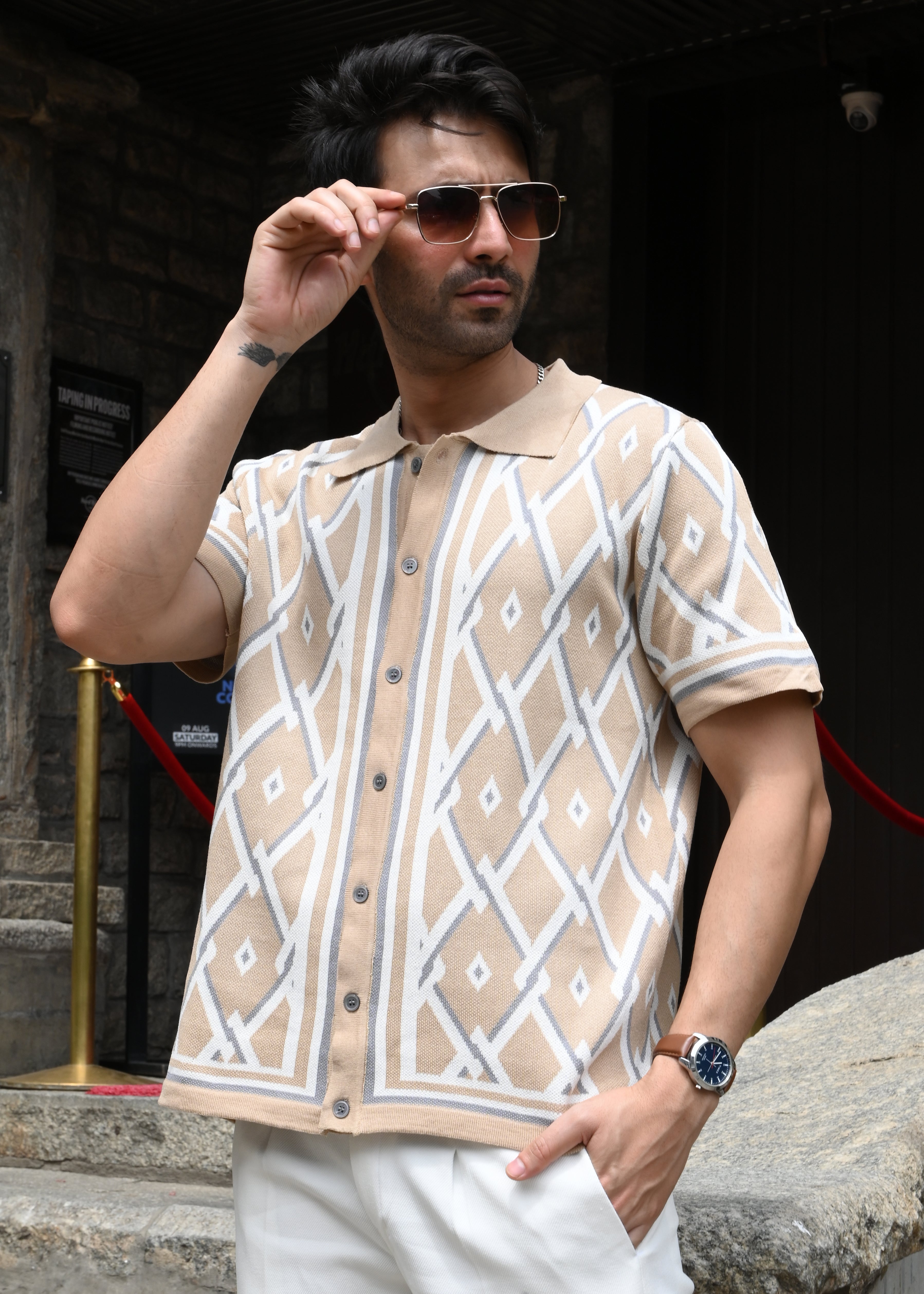 Geometric Knit Button-Down Shirt - Sandal - Snipes