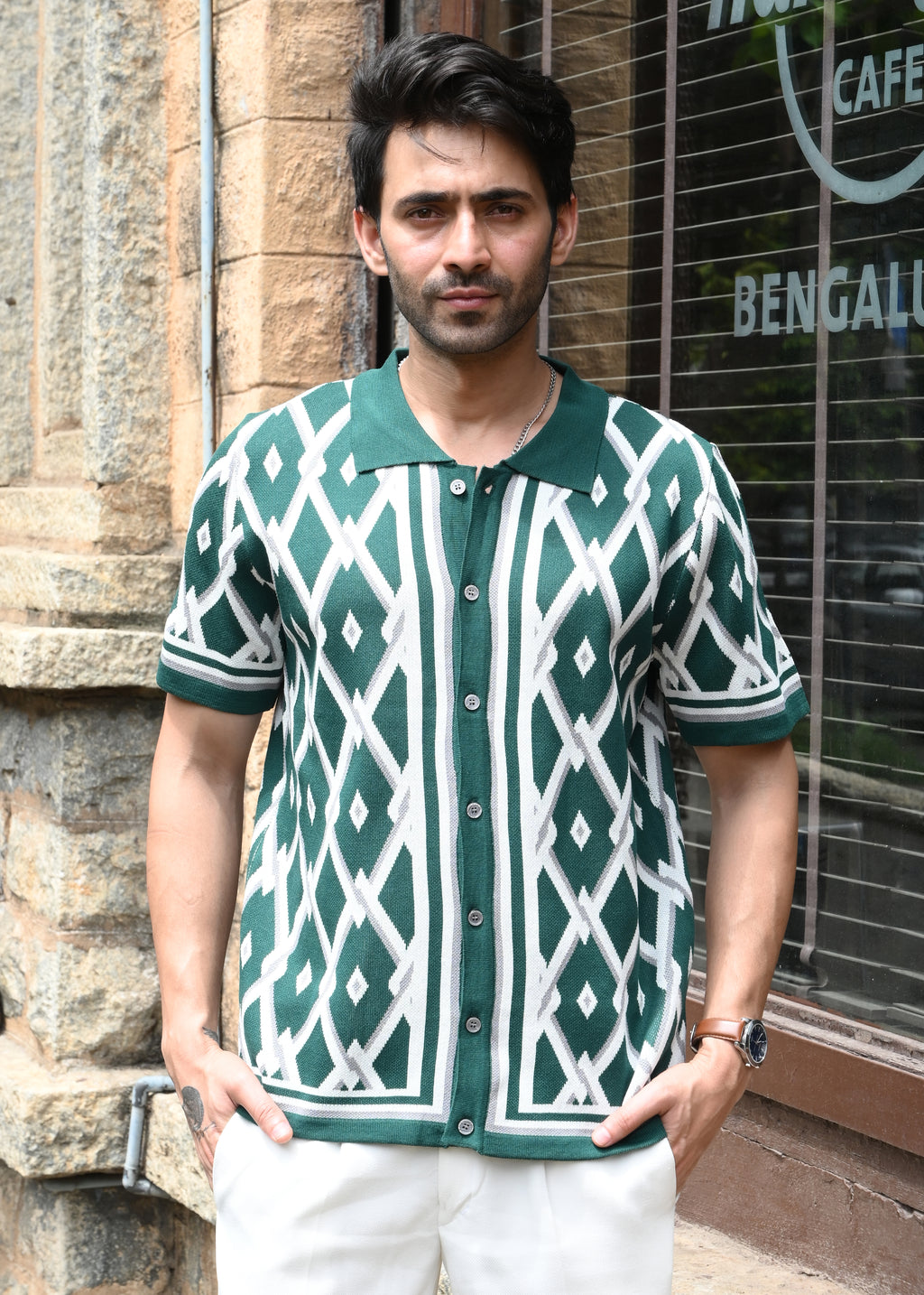 Geometric Knit Button-Down Shirt - Green - Snipes