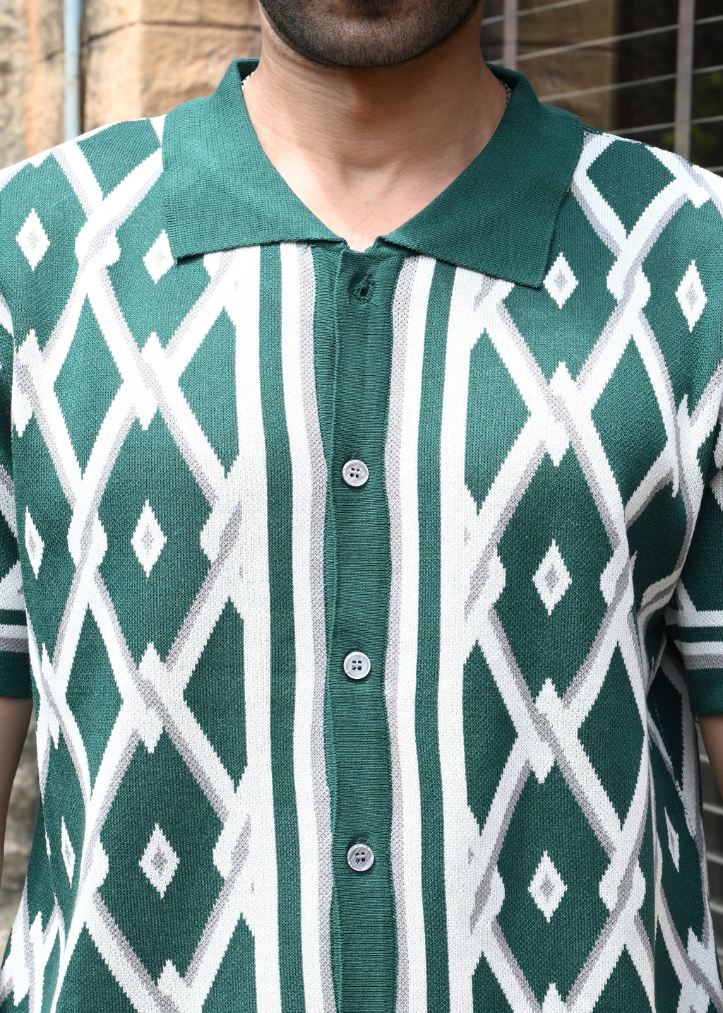 Geometric Knit Button-Down Shirt - Green - Snipes