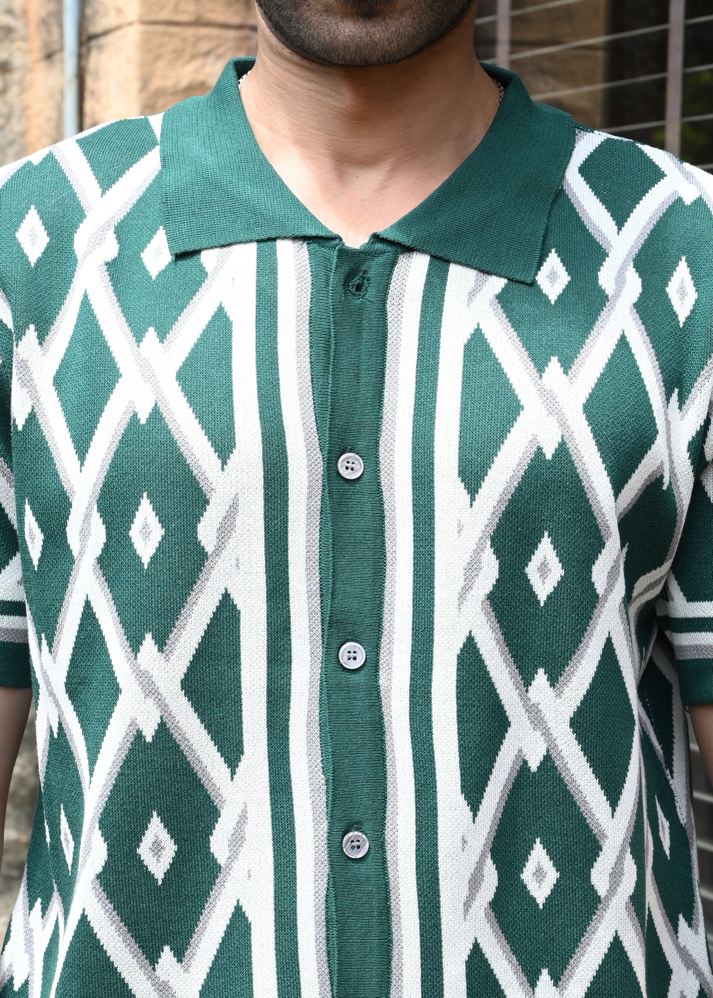 Geometric Knit Button-Down Shirt - Green - Snipes
