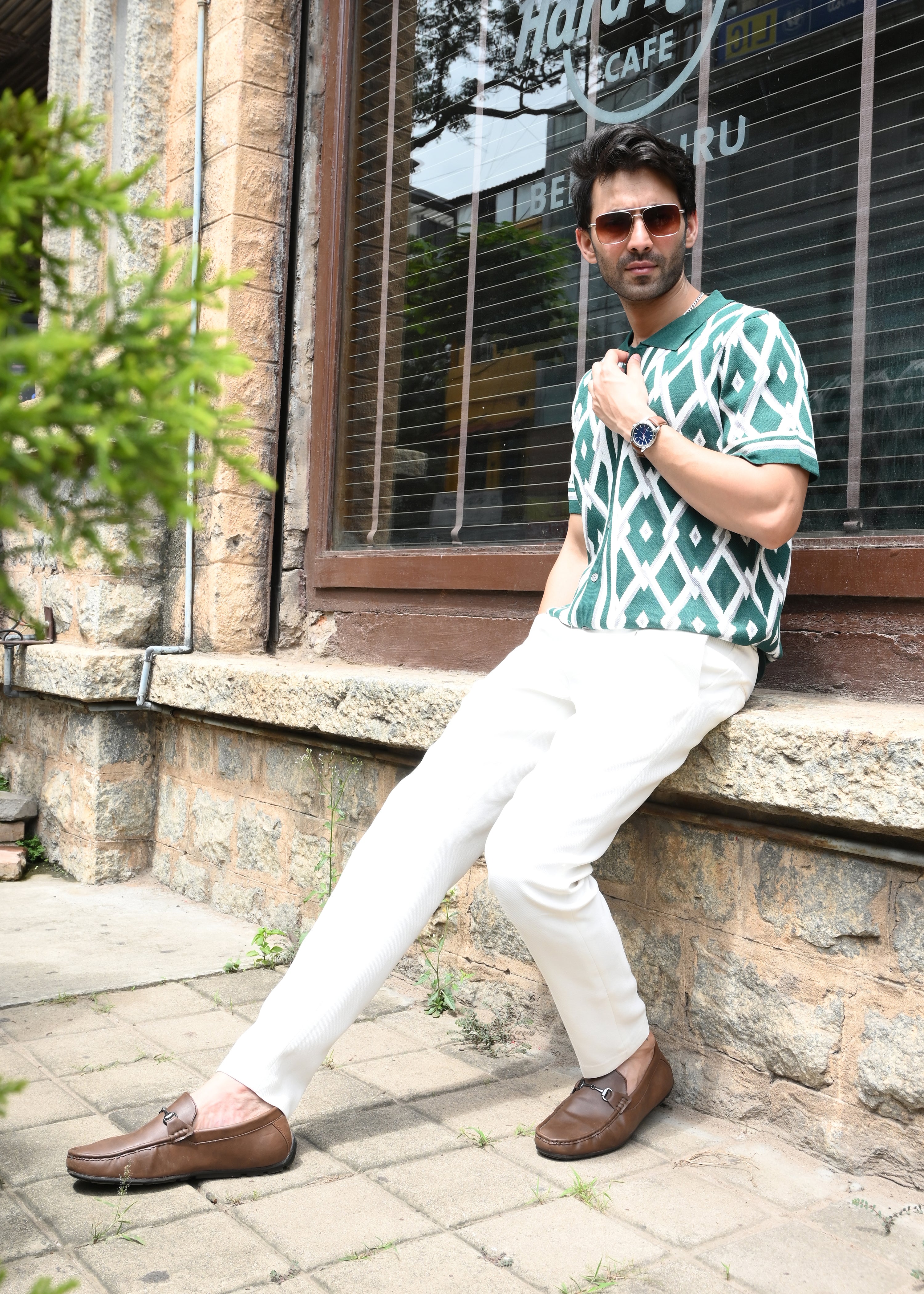 Geometric Knit Button-Down Shirt - Green - Snipes