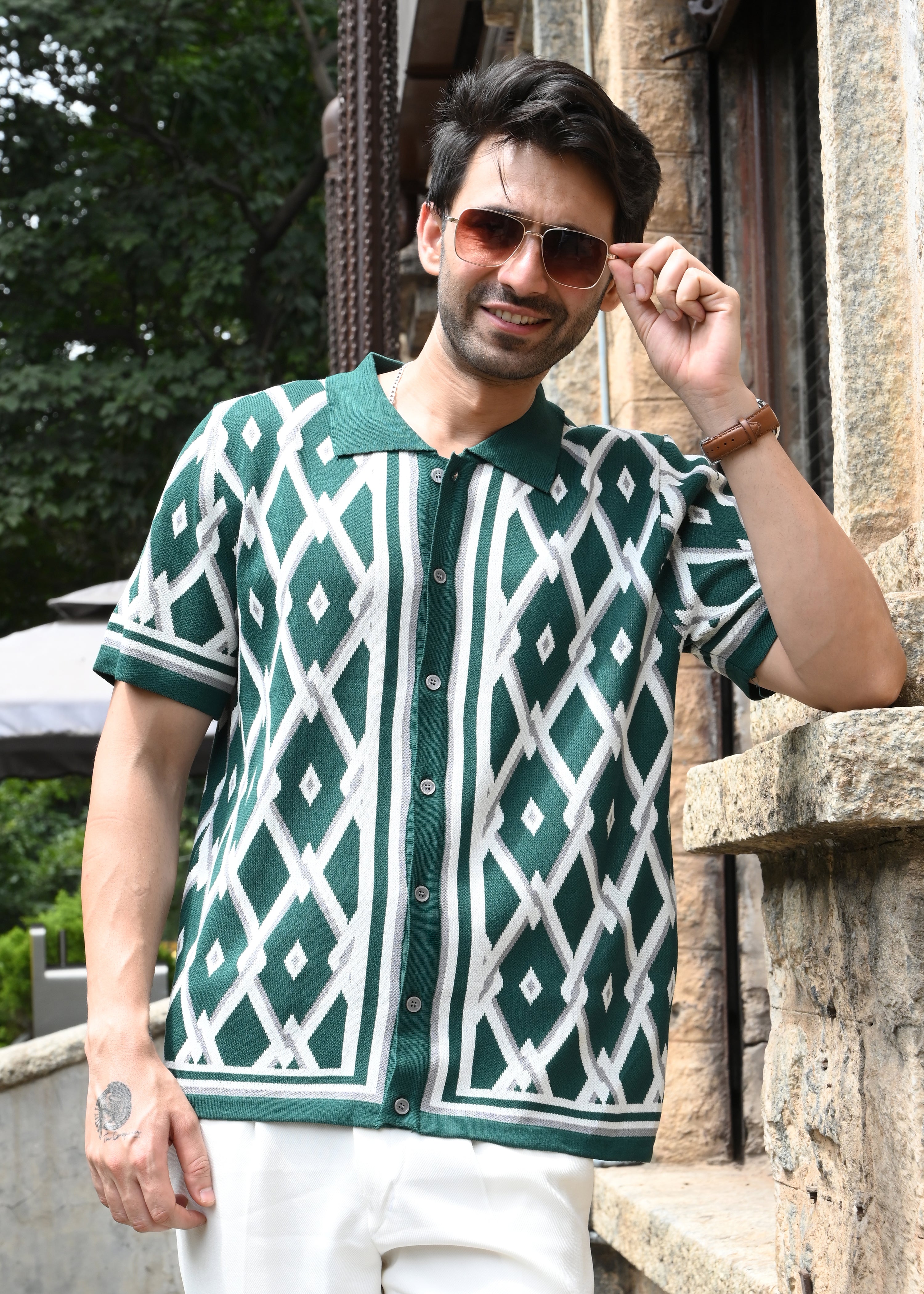 Geometric Knit Button-Down Shirt - Green - Snipes