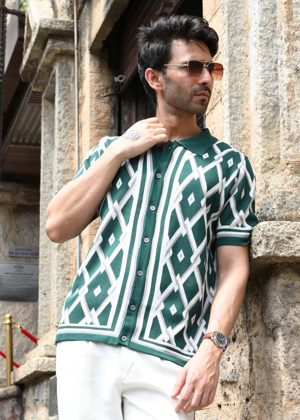 Geometric Knit Button-Down Shirt - Green - Snipes