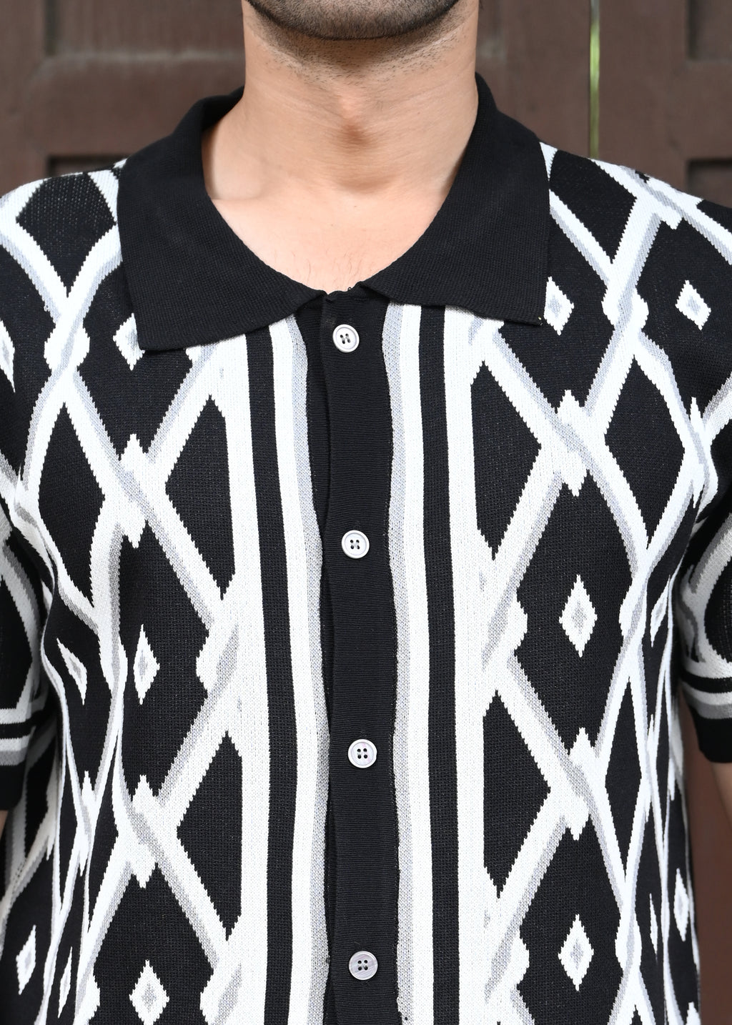 Geometric Knit Button-Down Shirt - Black - Snipes