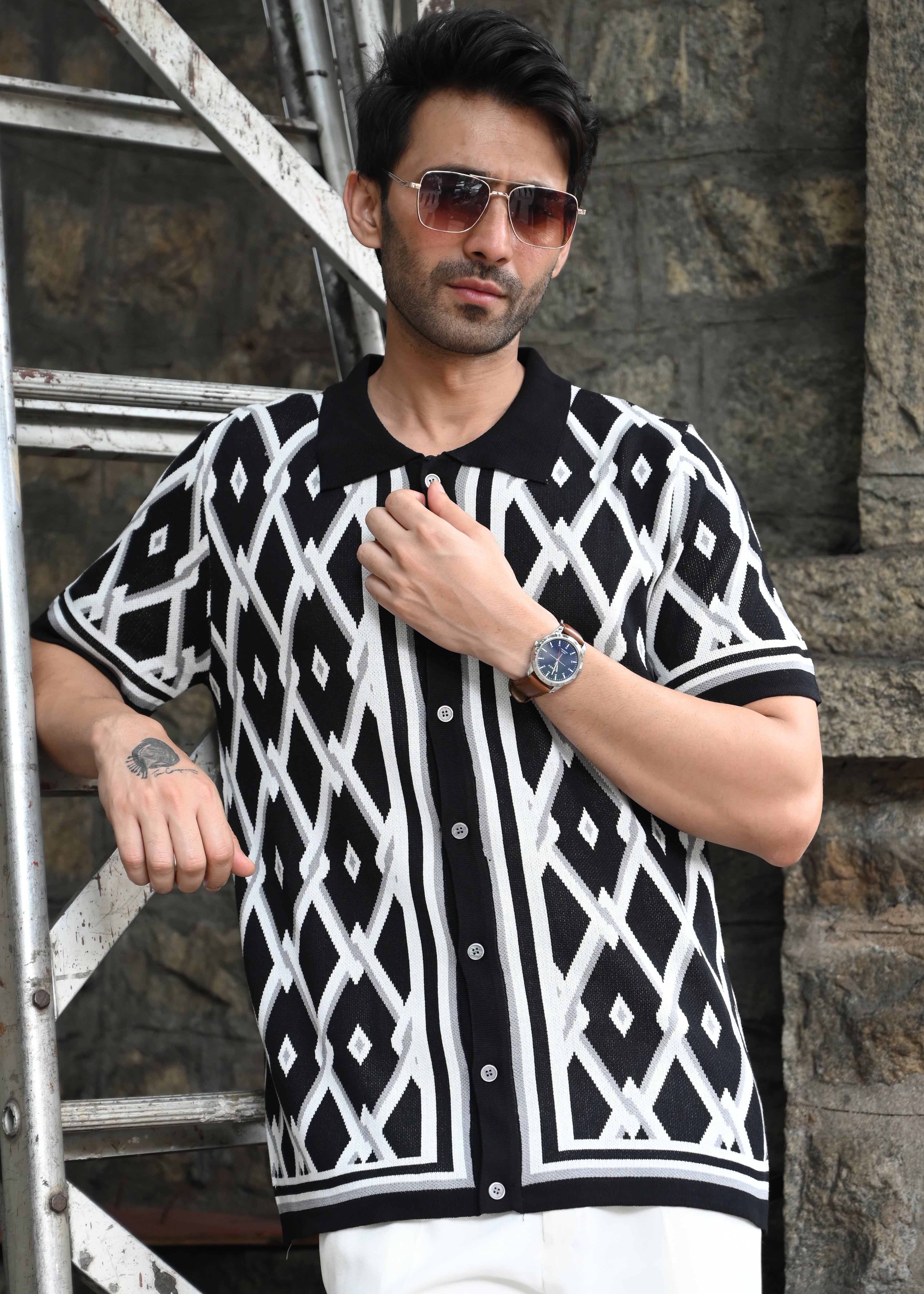 Geometric Knit Button-Down Shirt - Black - Snipes
