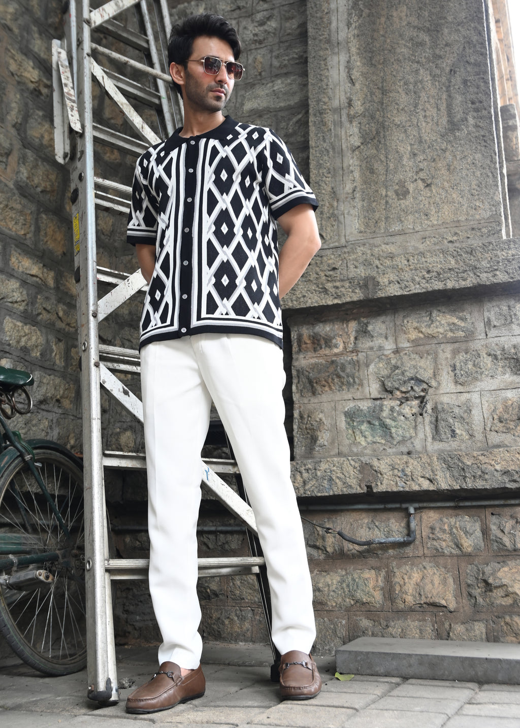 Geometric Knit Button-Down Shirt - Black - Snipes