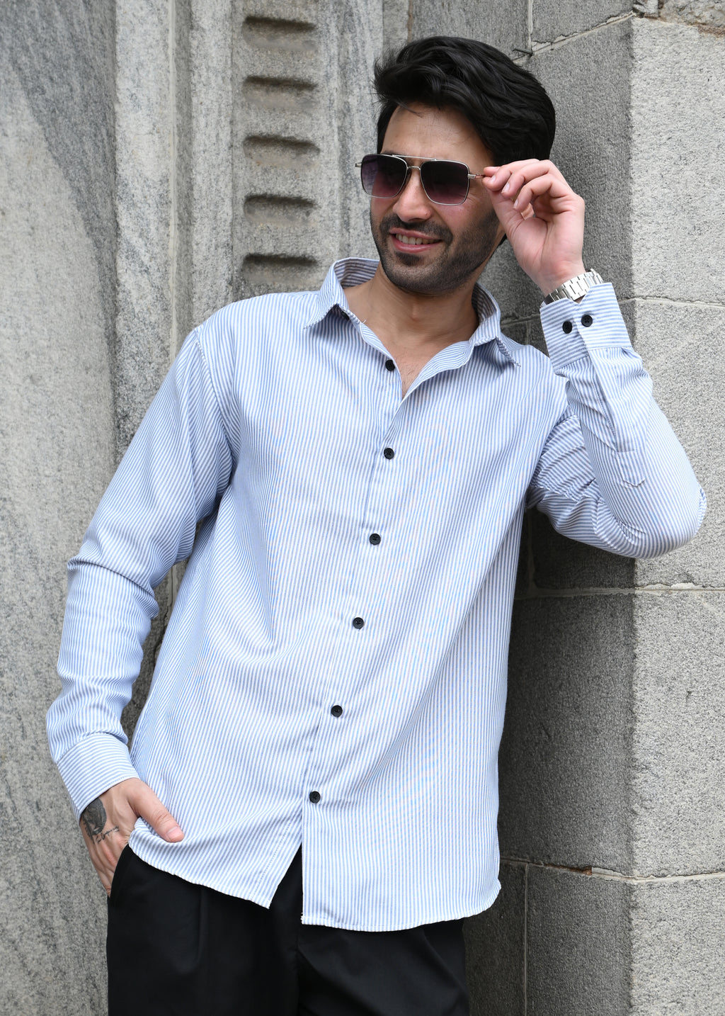 Blue Pinstripe Long Sleeve Shirt - Snipes