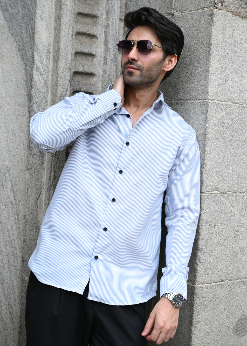 Blue Pinstripe Long Sleeve Shirt - Snipes