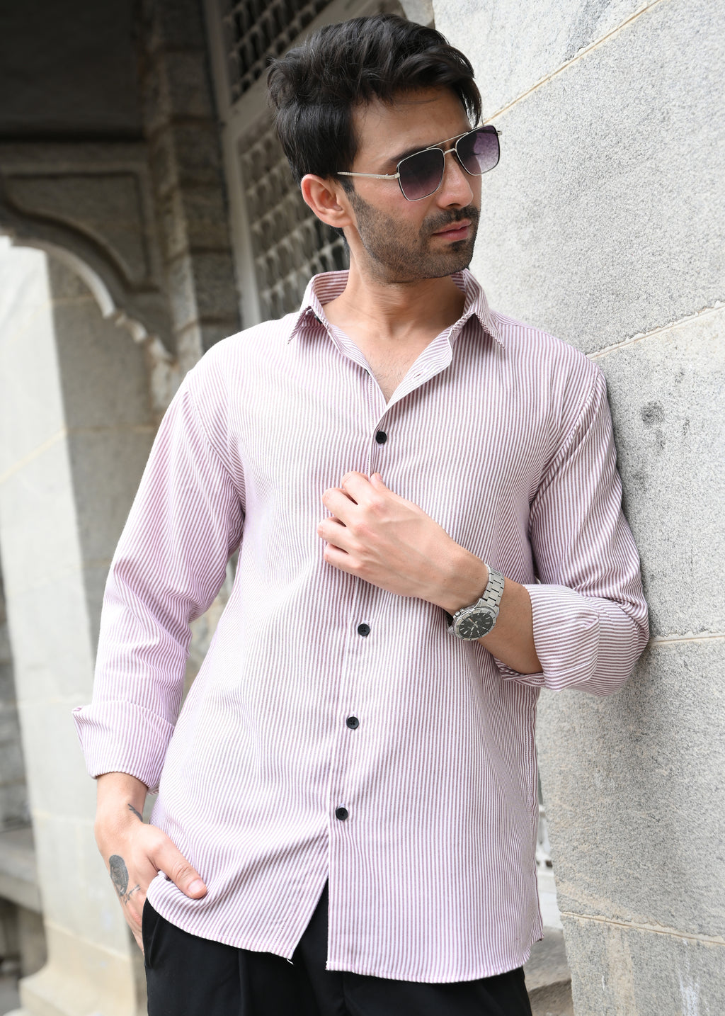 Maroon Pinstripe Long Sleeve Shirt - Snipes