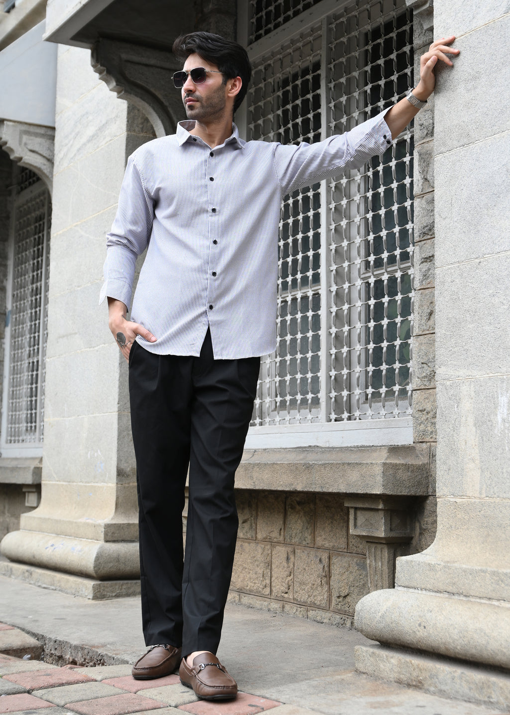 Grey Pinstripe Long Sleeve Shirt - Snipes