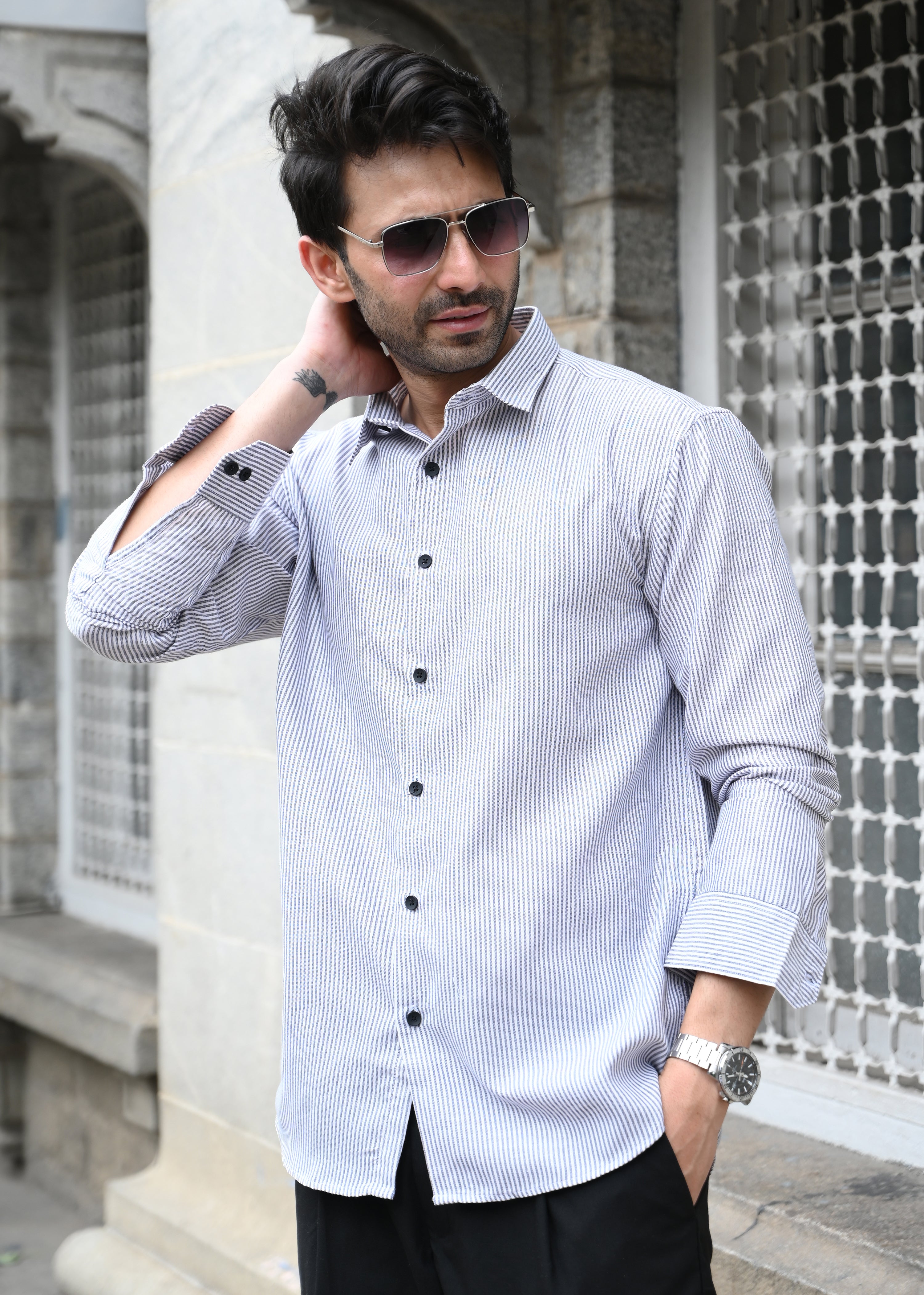 Grey Pinstripe Long Sleeve Shirt - Snipes