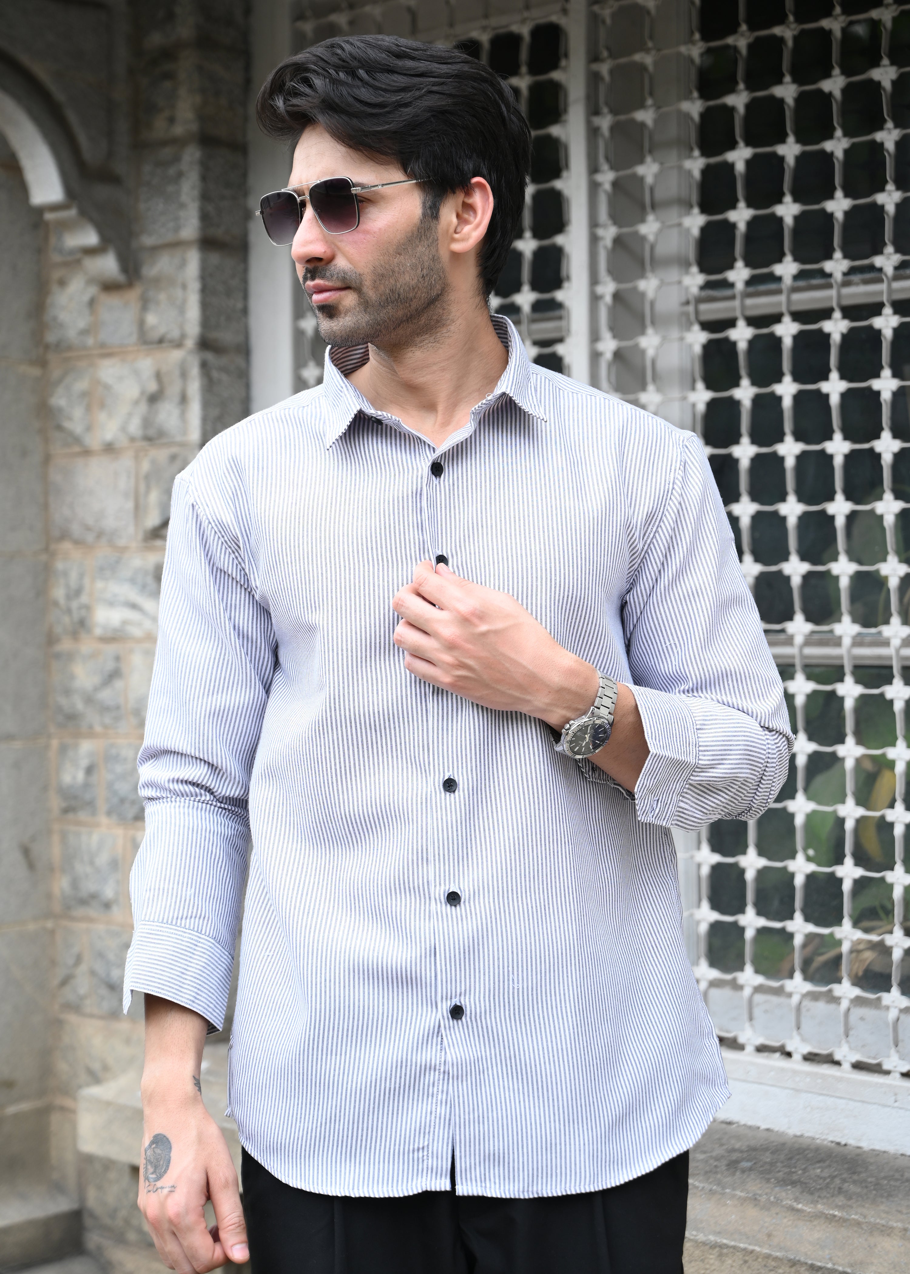 Grey Pinstripe Long Sleeve Shirt - Snipes