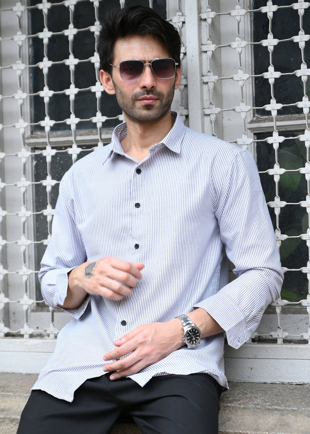 Grey Pinstripe Long Sleeve Shirt - Snipes