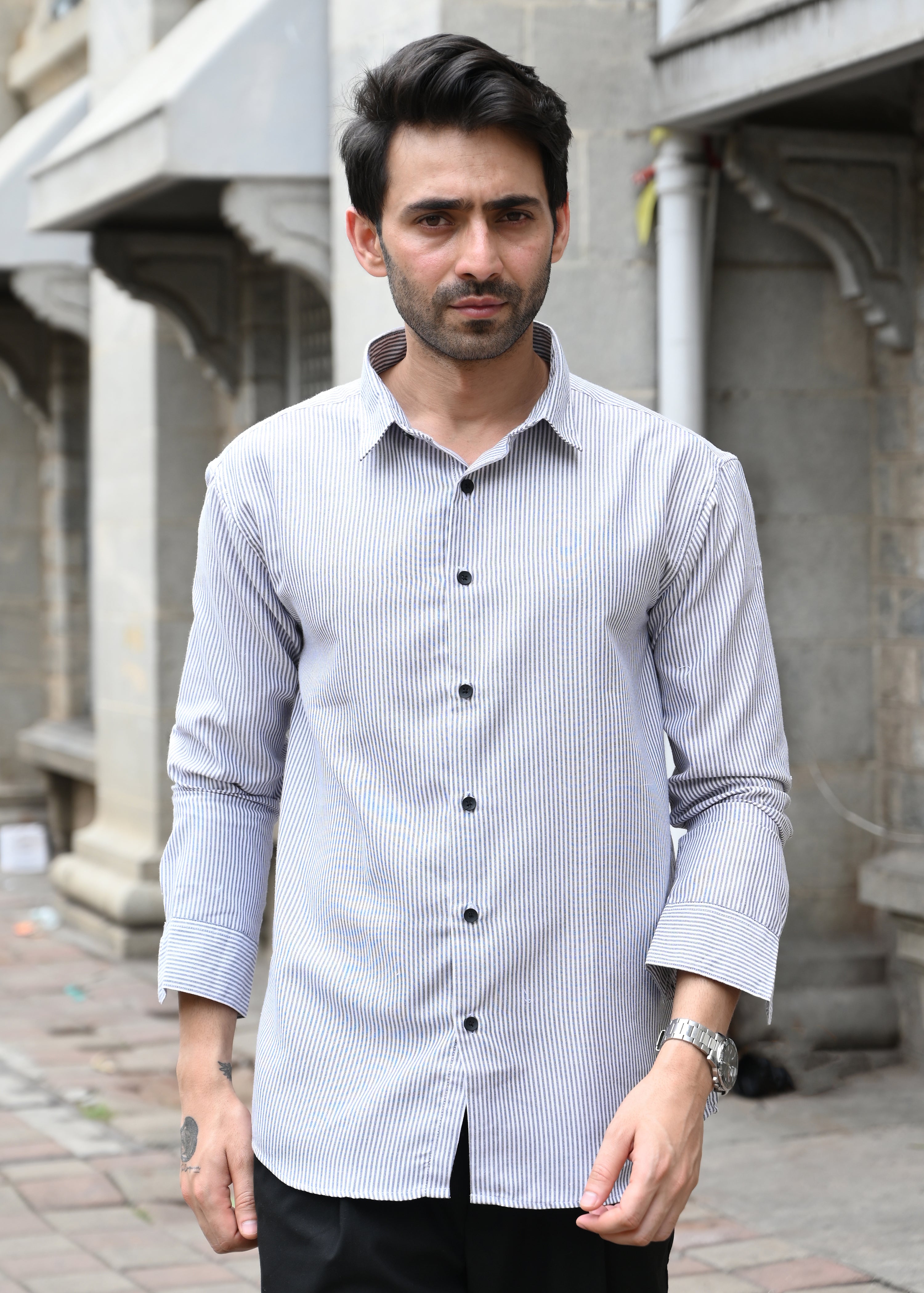 Grey Pinstripe Long Sleeve Shirt - Snipes