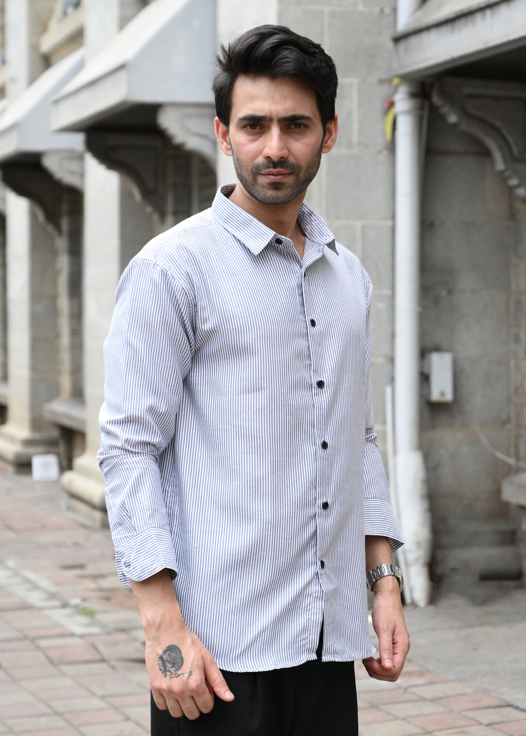 Grey Pinstripe Long Sleeve Shirt - Snipes