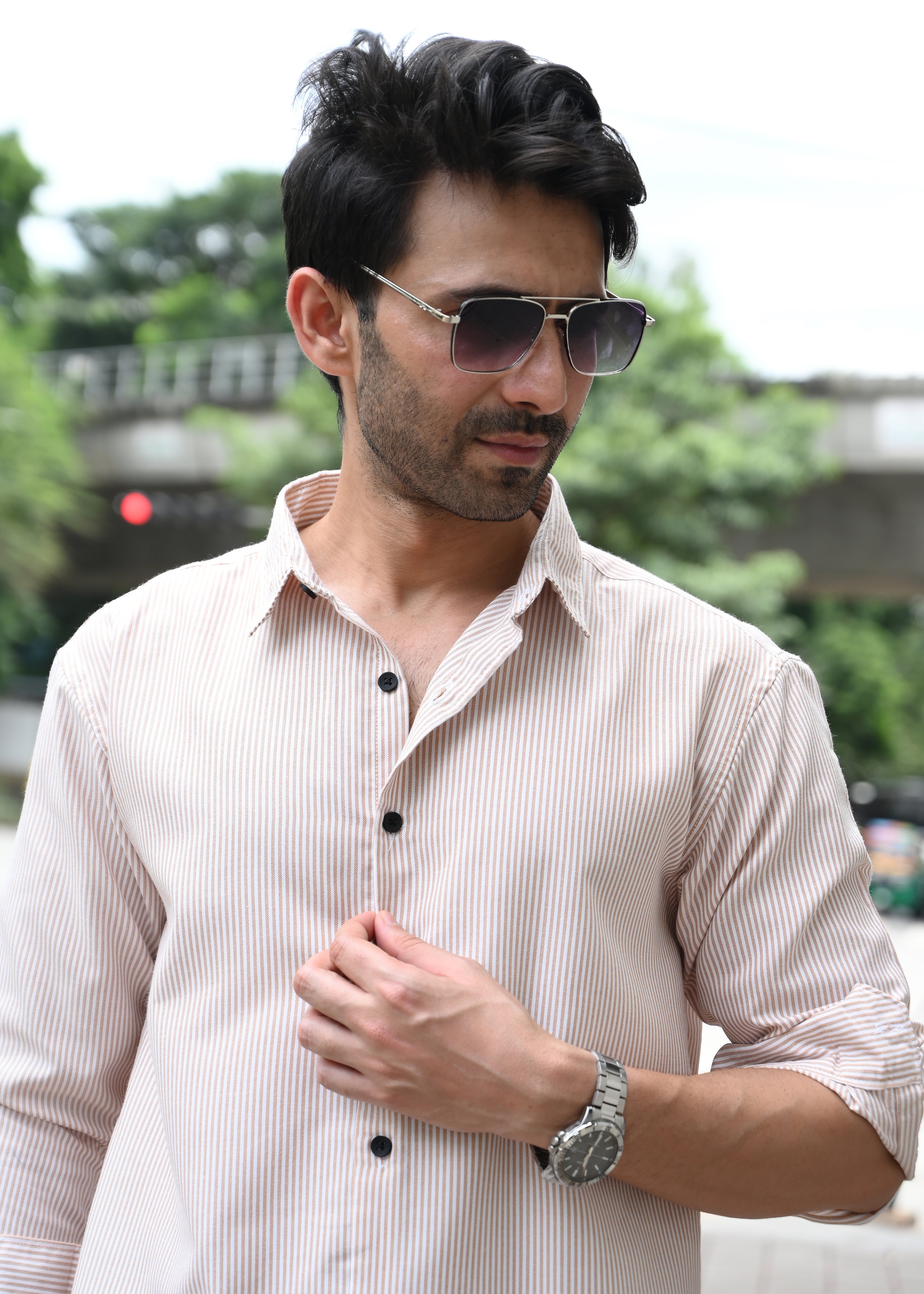 Beige Pinstripe Long Sleeve Shirt - Snipes