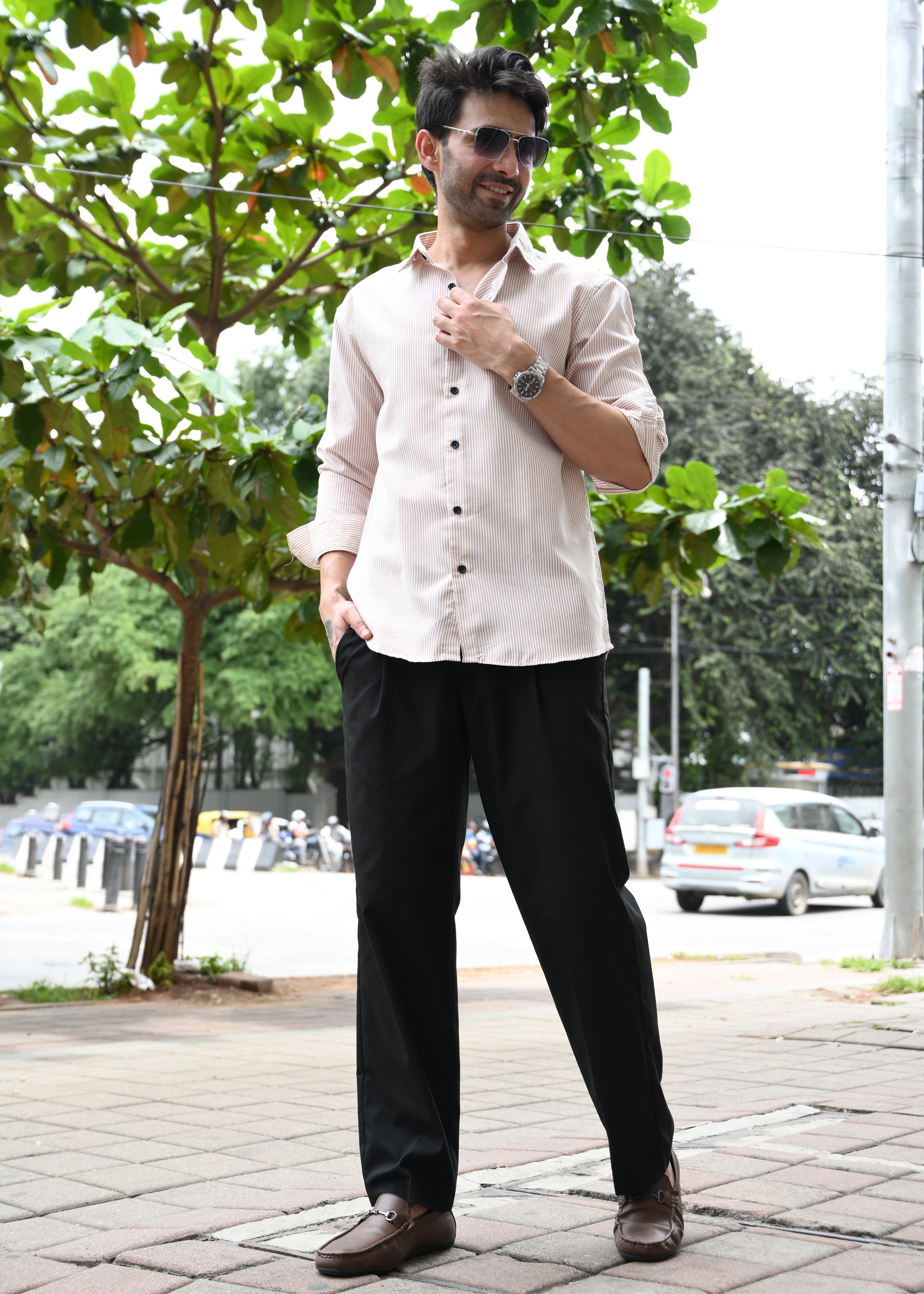 Beige Pinstripe Long Sleeve Shirt - Snipes Main image