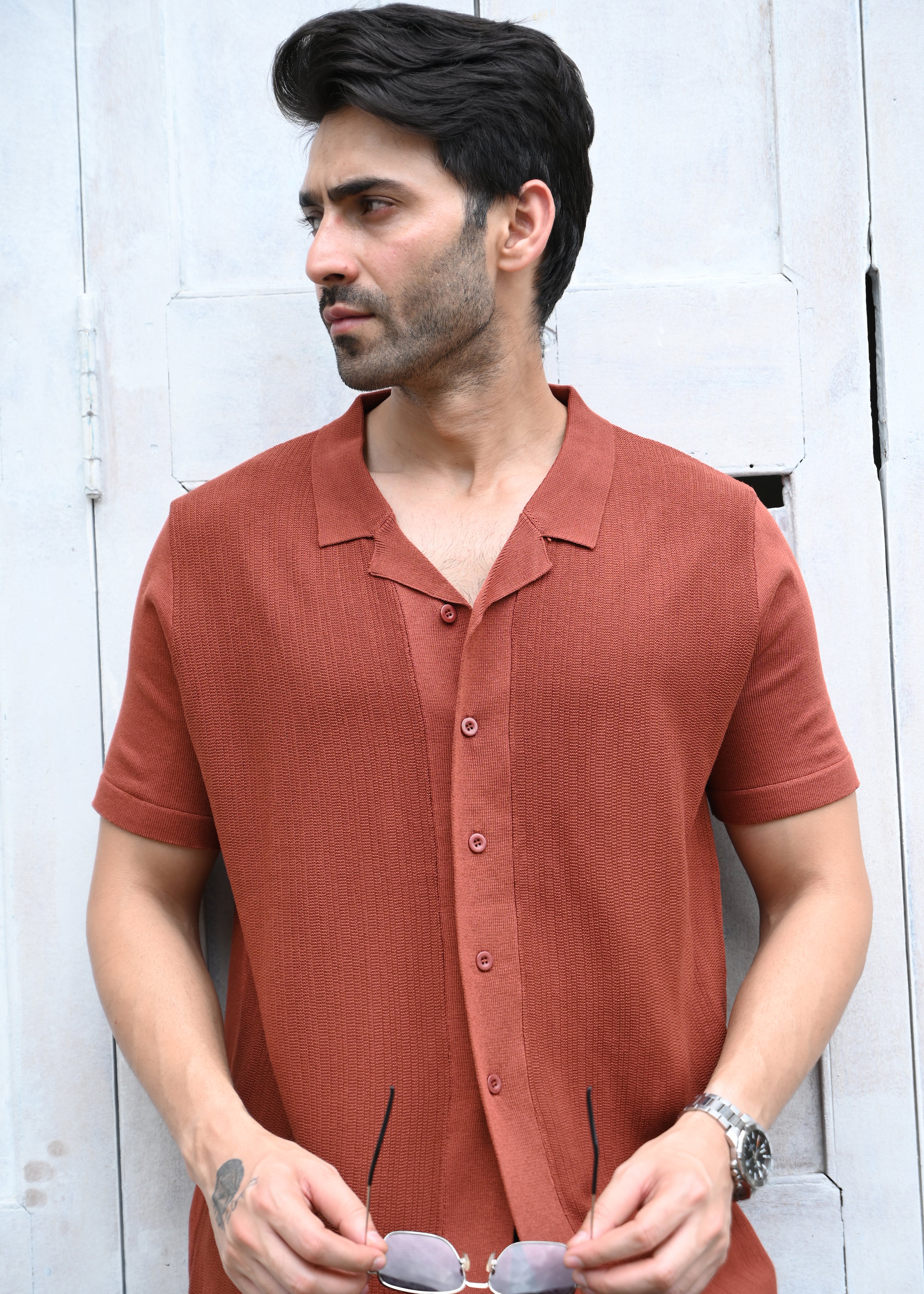 Rust Textured Button-Up Shirt - Snipes