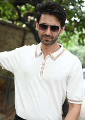 Half Sleeve Polo Zip T-Shirt - White