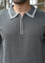 Half Sleeve Polo Zip T-Shirt - Grey