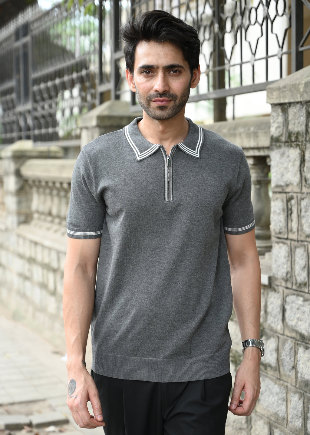 Half Sleeve Polo Zip T-Shirt - Grey - Snipes