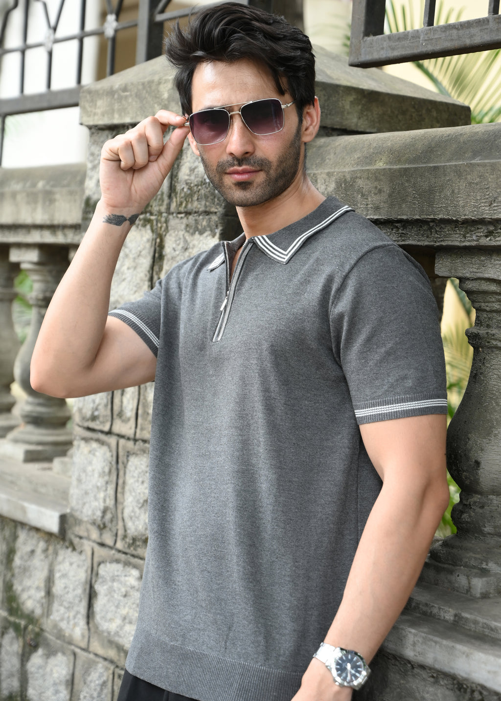 Half Sleeve Polo Zip T-Shirt - Grey - Snipes