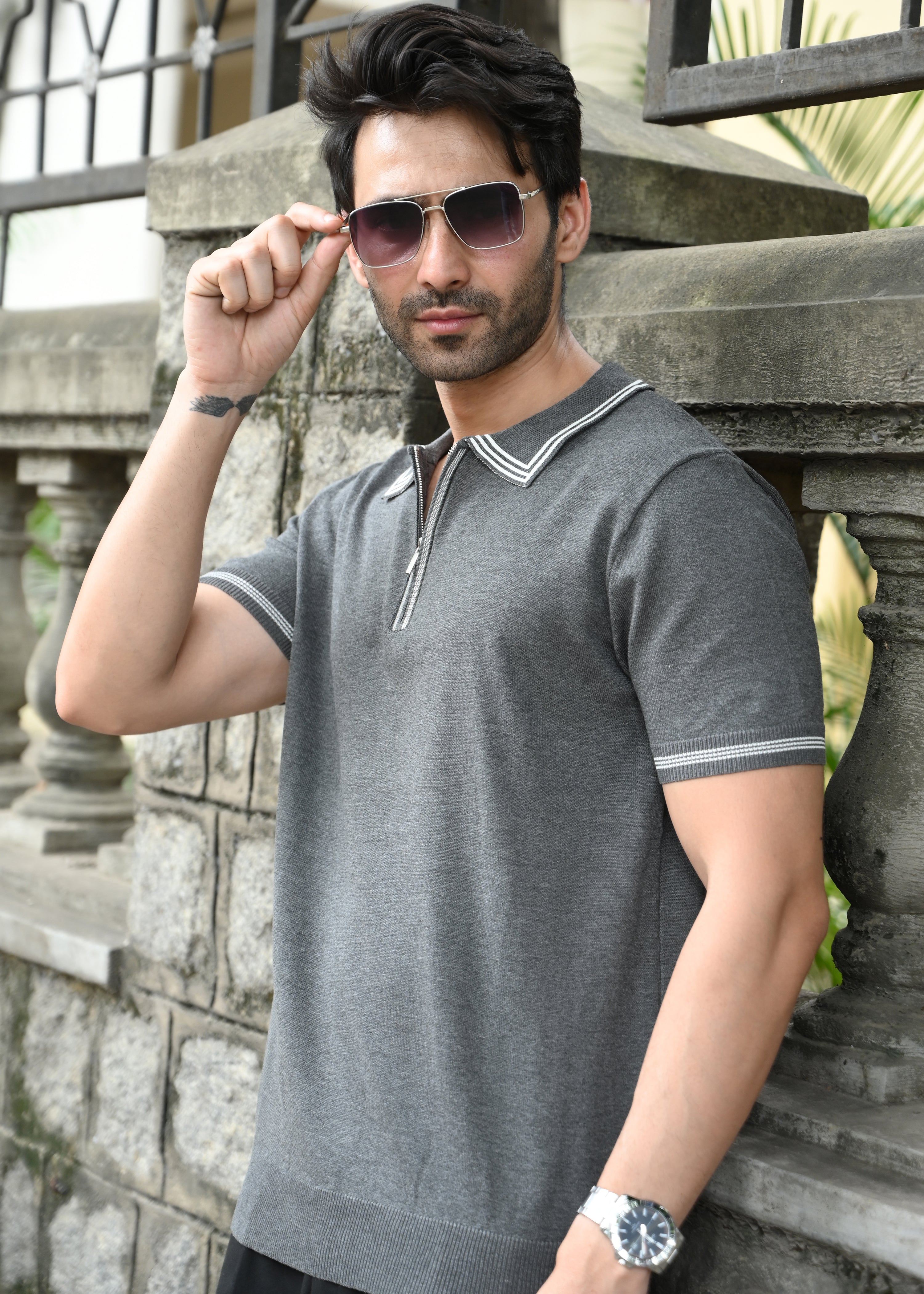 Half Sleeve Polo Zip T-Shirt - Grey - Snipes