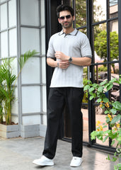 Textured Knit Polo T-Shirt - Grey