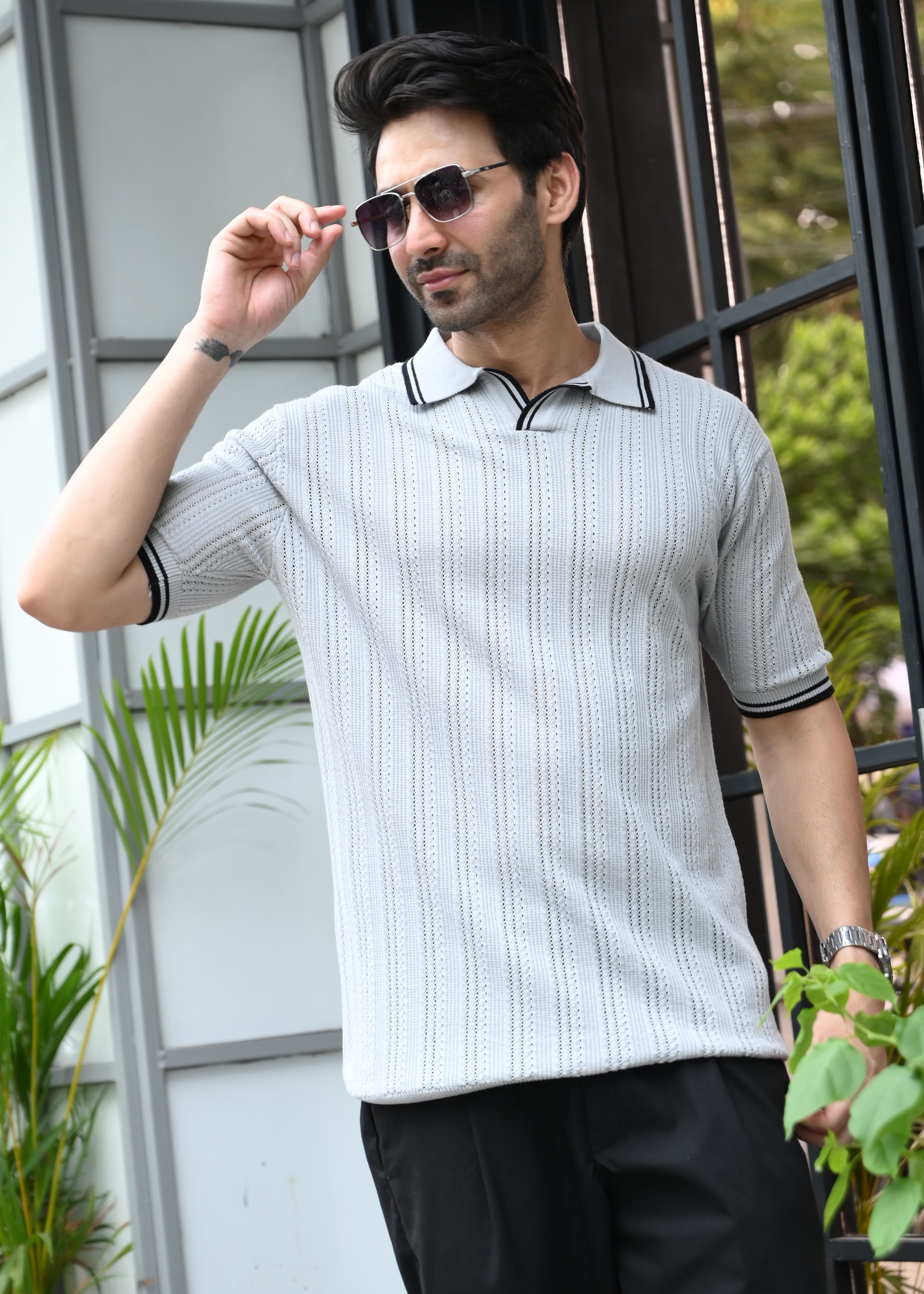 Textured Knit Polo T-Shirt - Grey - Snipes
