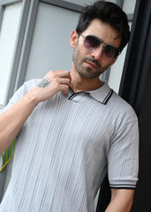 Textured Knit Polo T-Shirt - Grey
