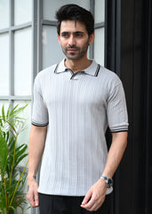 Textured Knit Polo T-Shirt - Grey