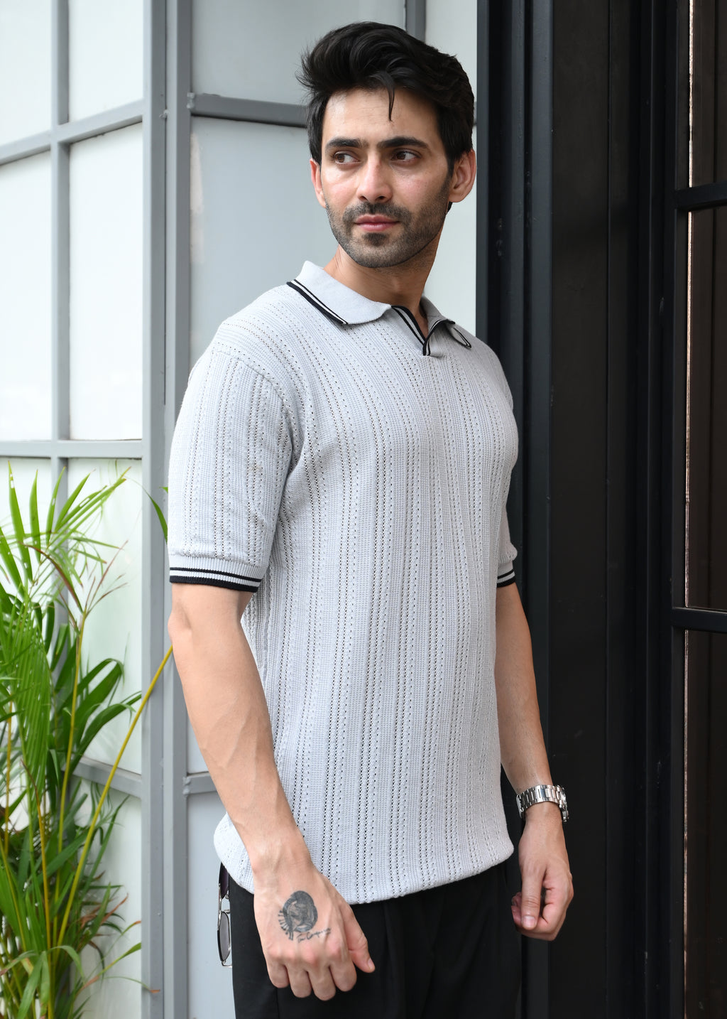 Textured Knit Polo T-Shirt - Grey - Snipes