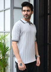 Textured Knit Polo T-Shirt - Grey