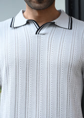 Textured Knit Polo T-Shirt - Grey