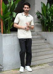 Textured Knit Polo T-Shirt - Beige