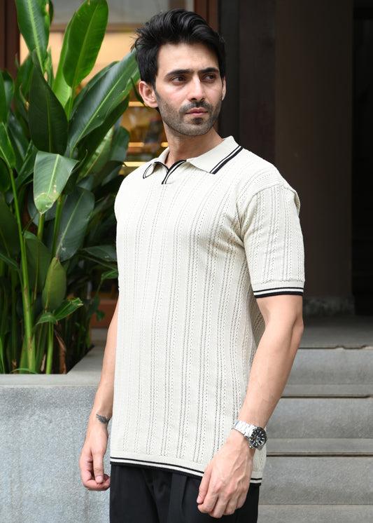 Textured Knit Polo T-Shirt - Beige