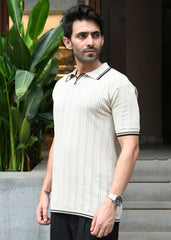 Textured Knit Polo T-Shirt - Beige