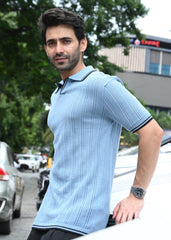 Textured Knit Polo T-Shirt - Blue