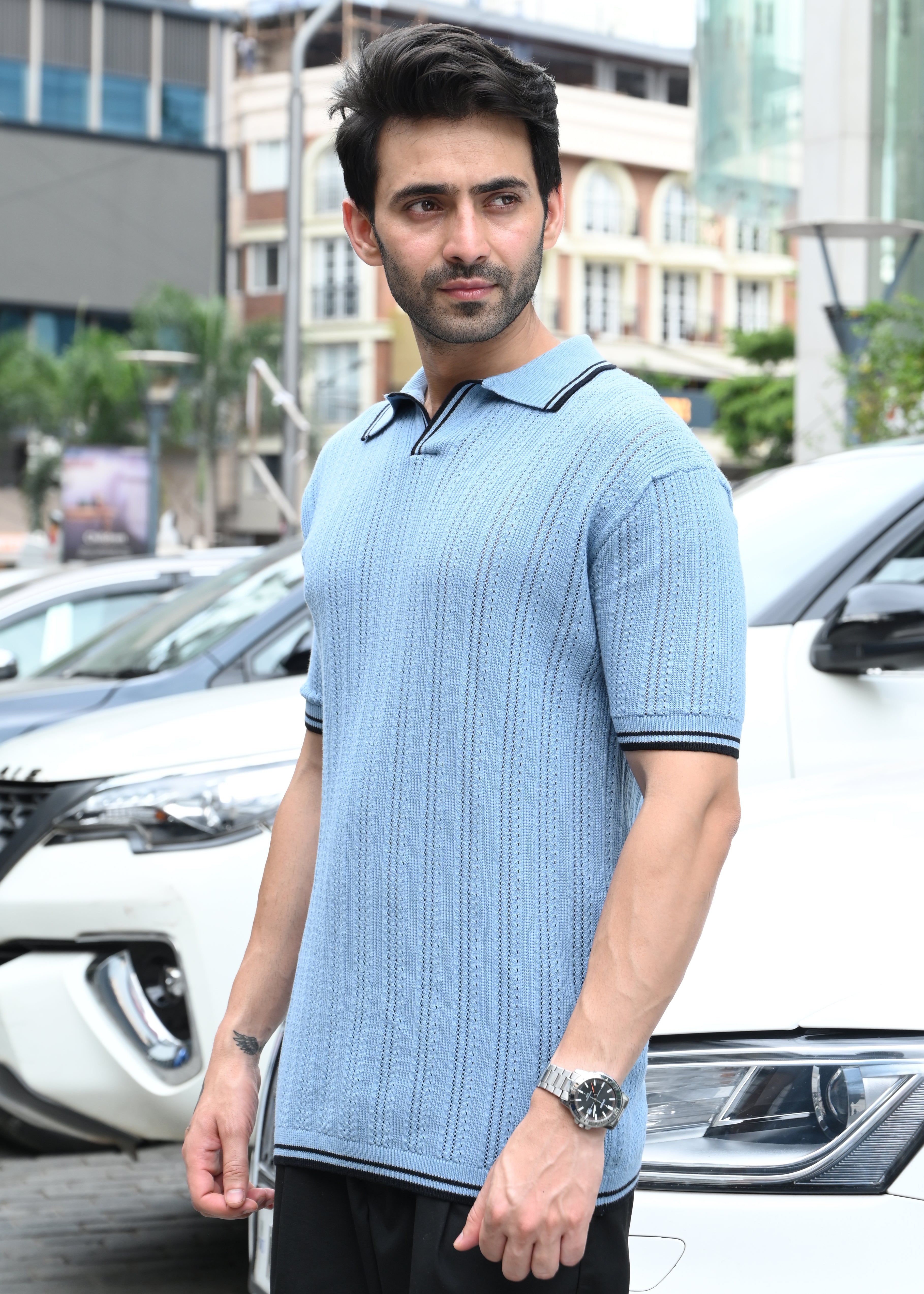 Textured Knit Polo T-Shirt - Blue - Snipes Main image