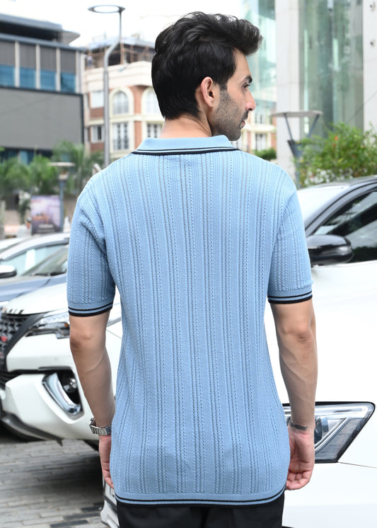 Textured Knit Polo T-Shirt - Blue