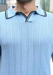 Textured Knit Polo T-Shirt - Blue