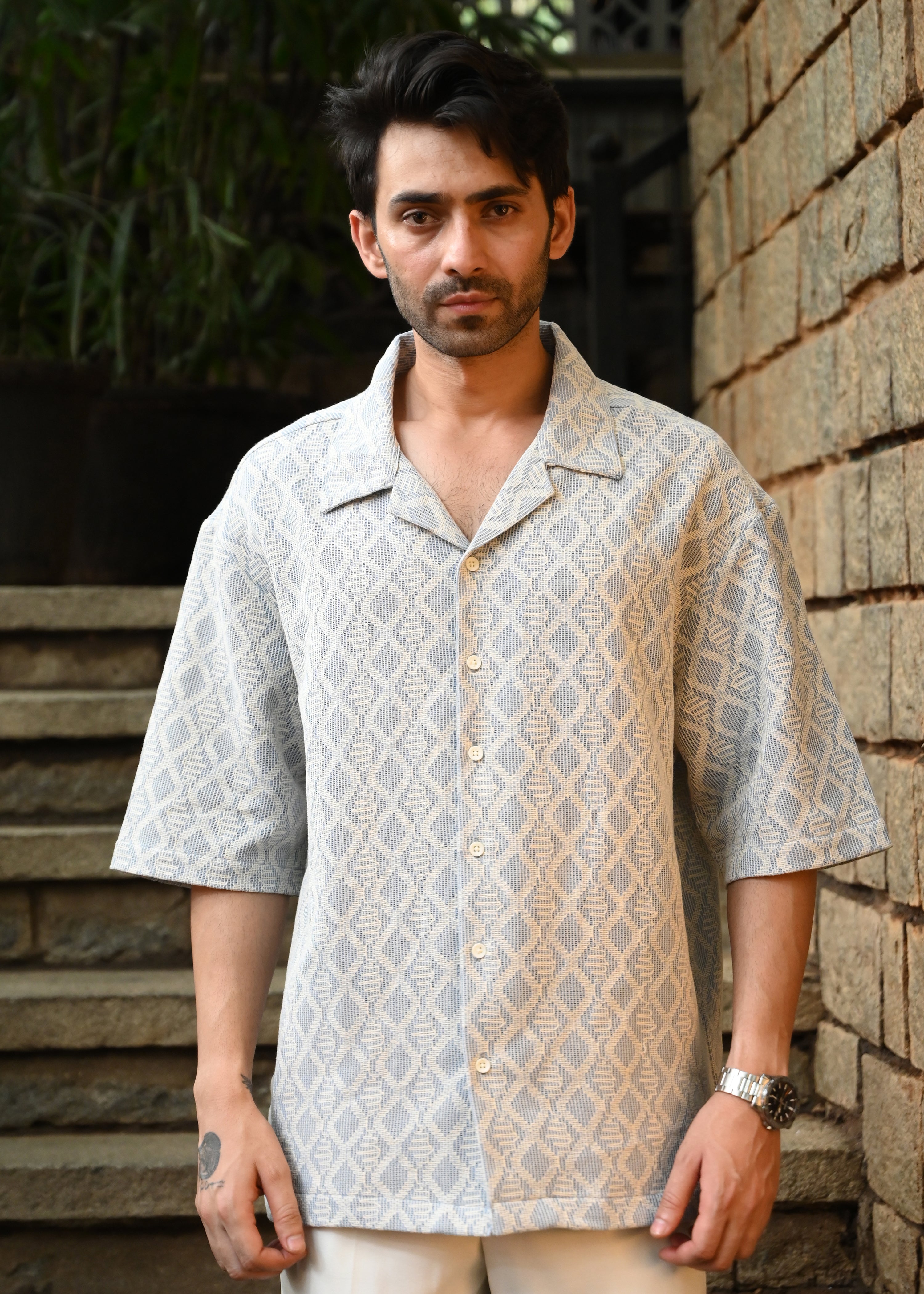 Textured Jacquard Short-Sleeve Shirt - Blue - Snipes