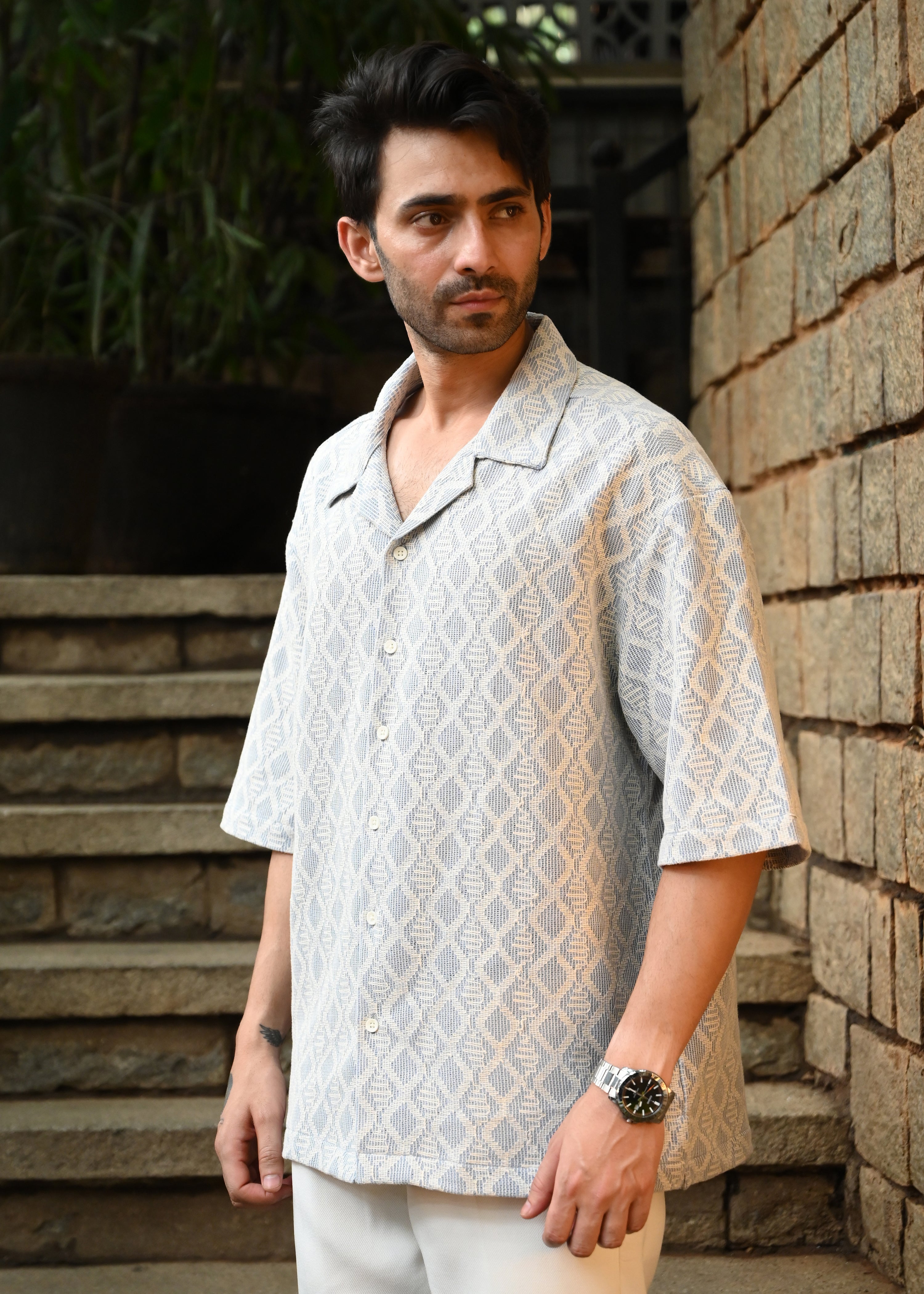 Textured Jacquard Short-Sleeve Shirt - Blue - Snipes