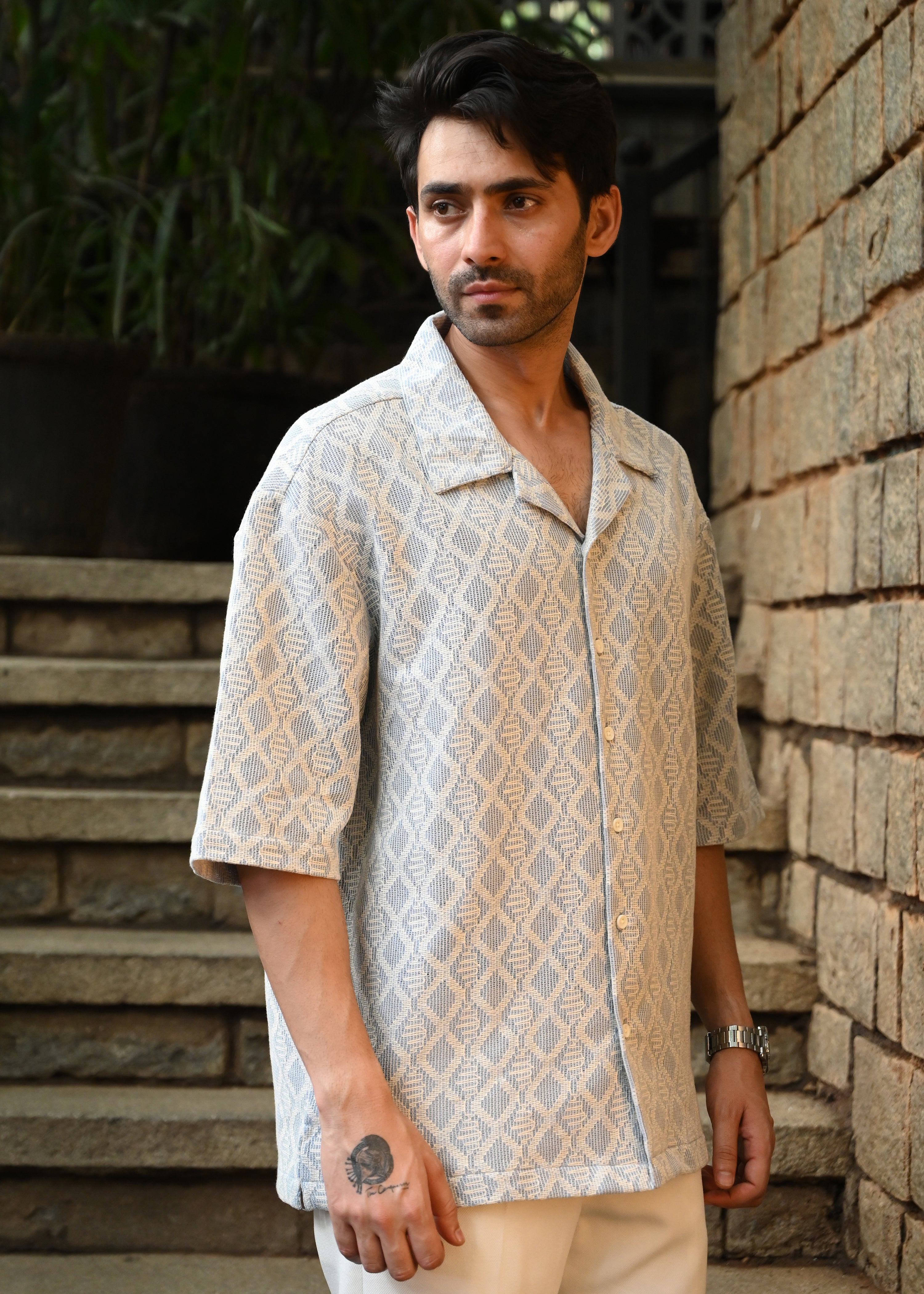 Textured Jacquard Short-Sleeve Shirt - Blue - Snipes