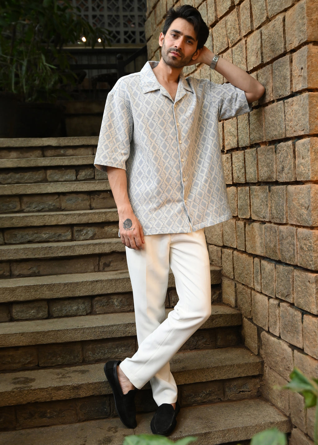 Textured Jacquard Short-Sleeve Shirt - Blue - Snipes
