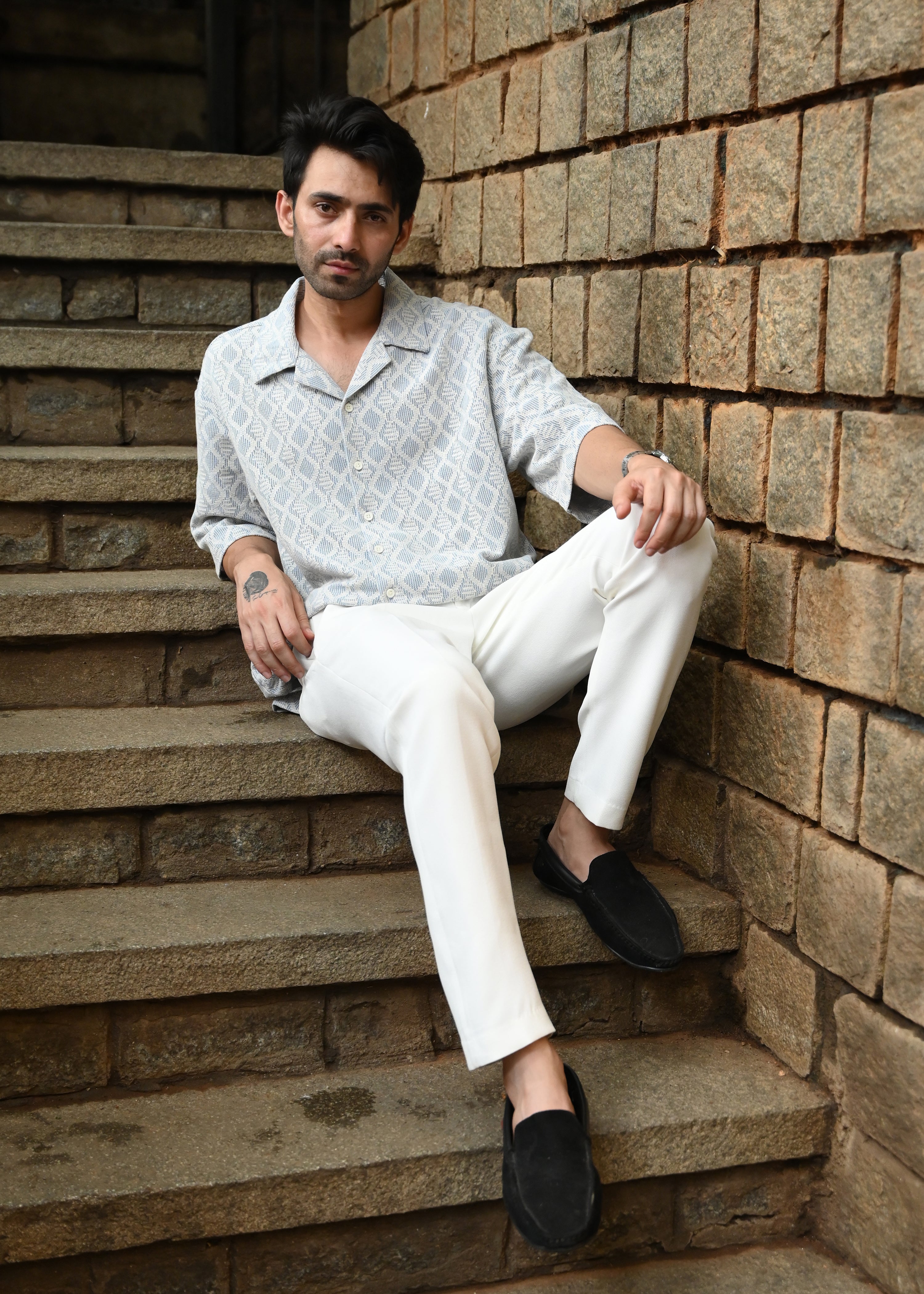 Textured Jacquard Short-Sleeve Shirt - Blue - Snipes
