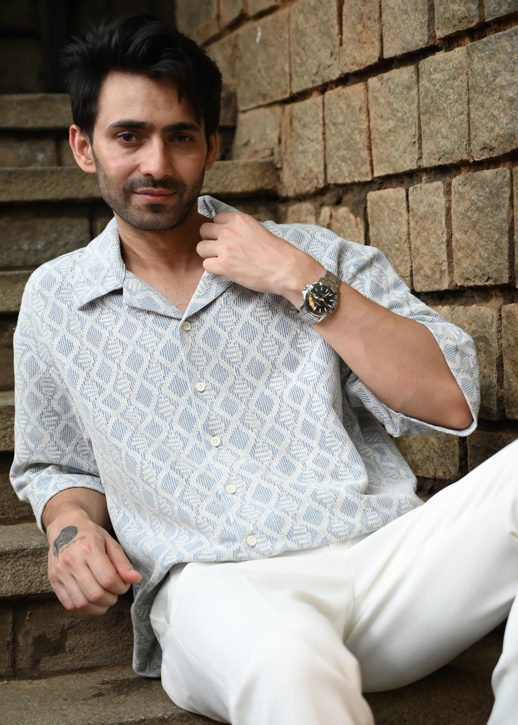 Textured Jacquard Short-Sleeve Shirt - Blue - Snipes