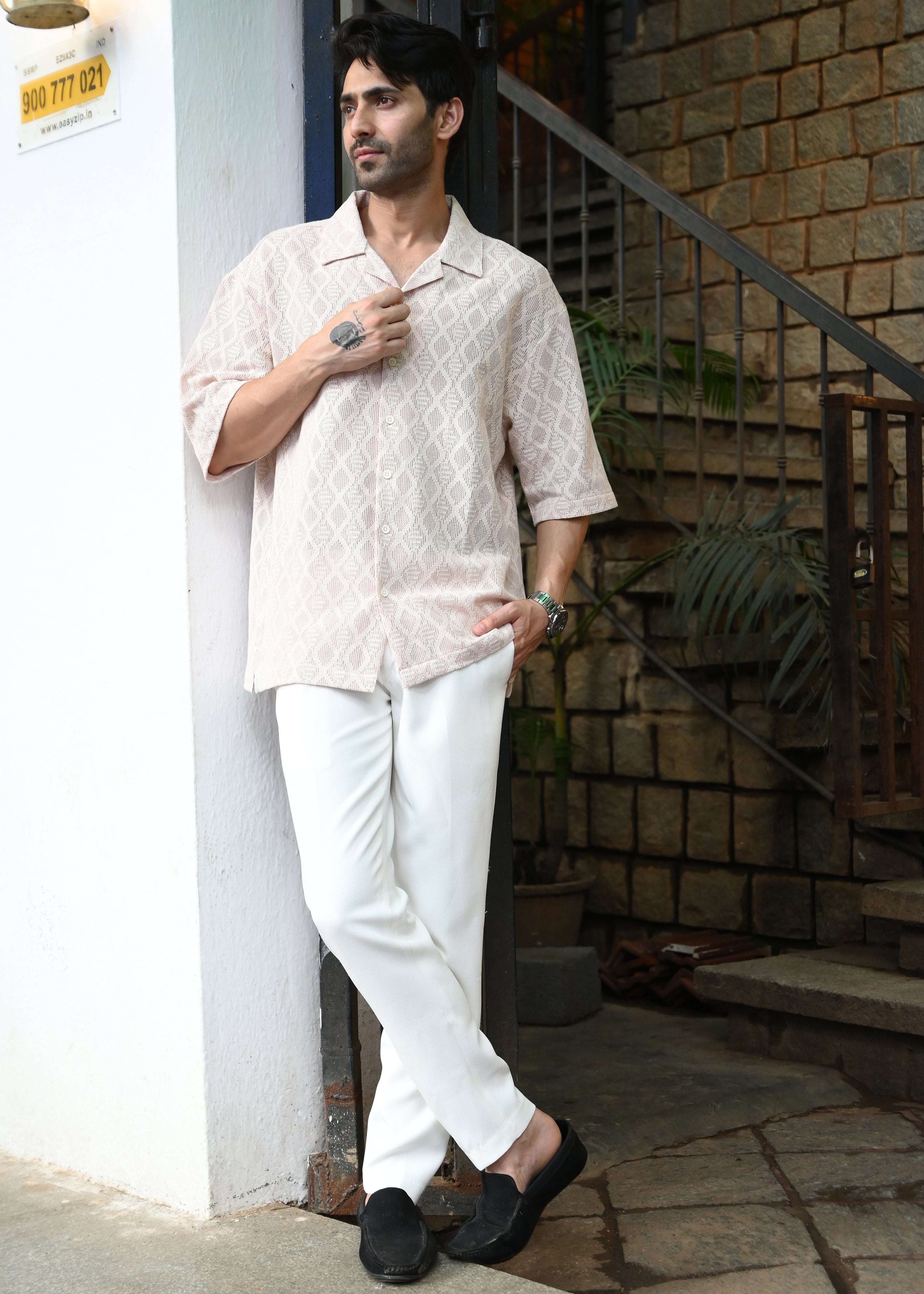 Textured Jacquard Short-Sleeve Shirt - Pale Pink - Snipes