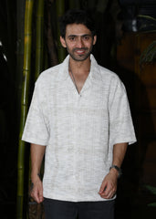 Textured Oversized Half-Sleeve Shirt - Beige